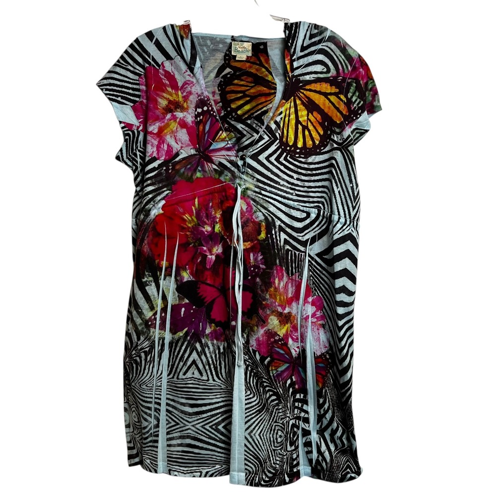 Unity Beach Womens Hooded Butterfly Floral Print Tunic Top Cover Up Size L